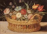 unknow artist Still life of roses,tulips,chyrsanthemums and cornflowers,in a wicker basket,upon a ledge USA oil painting artist